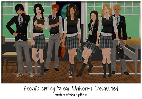Defaults using Keoni’s new Spring Break Uniforms (Note: I’m using Keoni’s preview image rather than making my own because the options make it difficult to provide previews otherwise.)The .rar has folders with the different options for replacing...