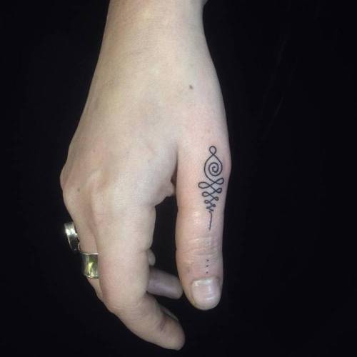Tattoo tagged with: small, finger, micro, black, ryanjessiman, tiny,  little, buddhist, minimalist, unalome, religious 