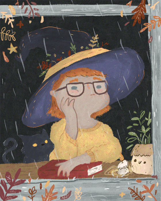Día de lluvia, maravilloso para las brujas lectoras… y las no brujas (ilustración de Kye Cheng)