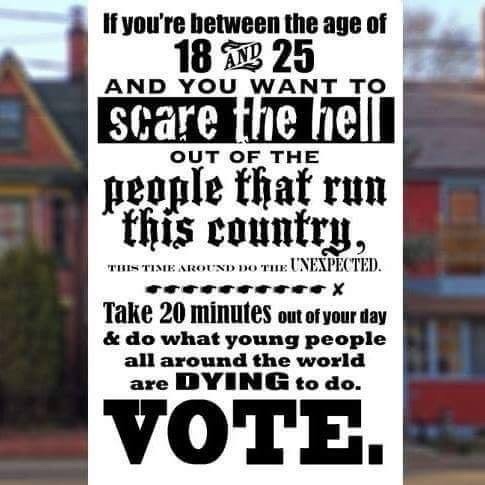 Poster:  If you are between 18 and 25 and want to scare the hell out of the people that run this country, VOTE.