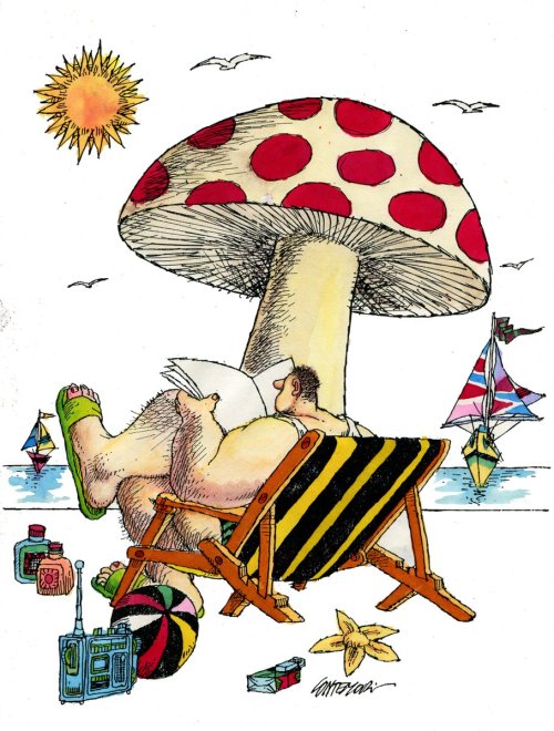 Preparado para un largo día de playa -nunca falta la lectura- (ilustración de Lido Contemori)