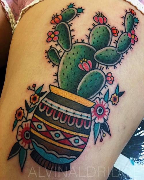 Tattoo tagged with: thigh, cactus 