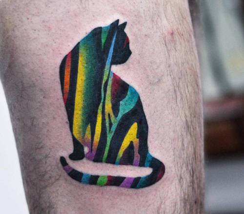 Tattoo tagged with: surrealist, calf, small, abstract, davidcote, violet,  tiny, red, blue, little, pop art, orange, cat, green, feline, black,  animal, contemporary 