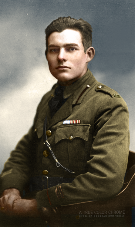 Ernest Hemingway, WWI portrait, Milan, 1918
[[MORE]] Color reconstruction of archival image.
Milan, 1918 Ernest Hemingway, American Red Cross volunteer. Portrait by Ermeni Studios, Milan, Italy.
Public domain image from the National Archives: Ernest...