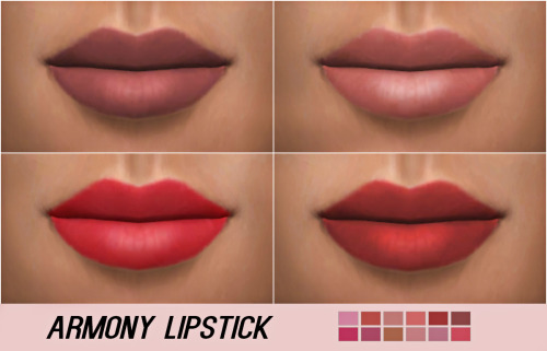 kenzar-sims:
“ Armony Lipstick • 12 swatches
• 2048X4096
• Hope you like it !
• Tag me if you use it !
Download lipstick(Simfileshare) ”
