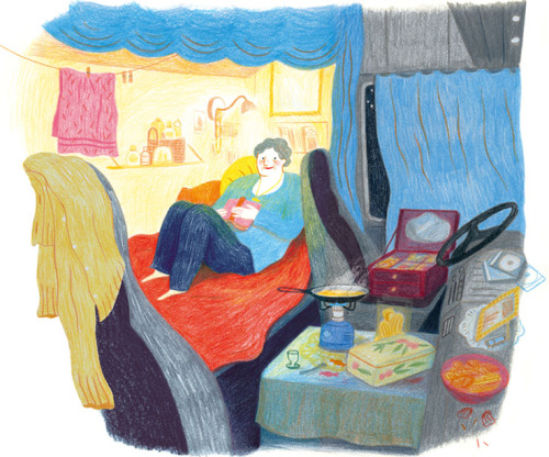 Descanso, viaje, caravana y lectura: aventura asegurada (ilustración de Anne Laval)