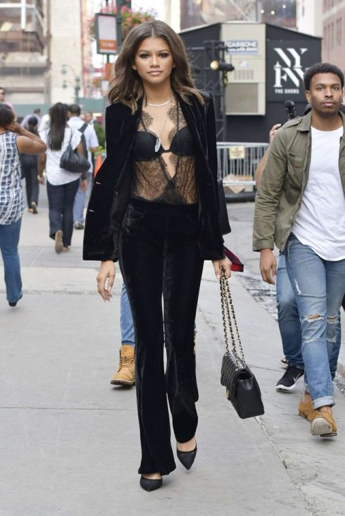 Zendaya in a velvet pant suit in New York City