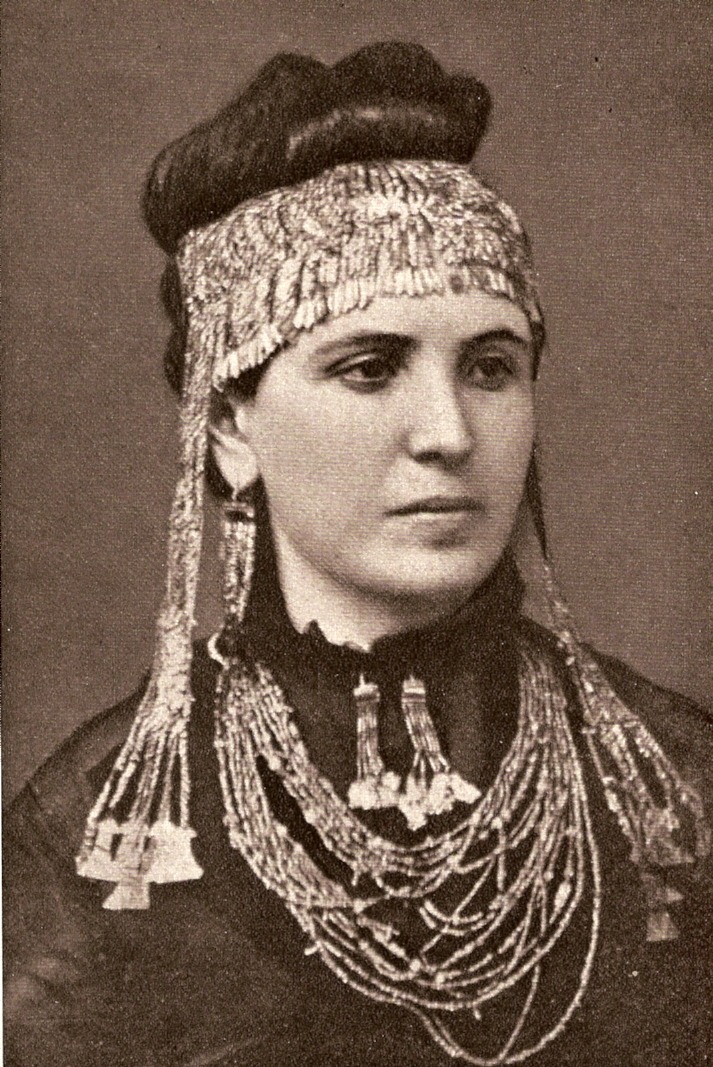 worldhistoryfacts:
“ Sophia Schliemann (wife of Heinrich Schliemann, the amateur who first excavated the ruins of Troy) wearing “Priam’s treasure,” jewelry from the excavation. It is very unlikely that these object actually date from the time of the...