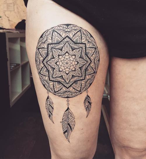 Tattoo tagged with: thigh, line, dots, mandala, dreamcatcher 