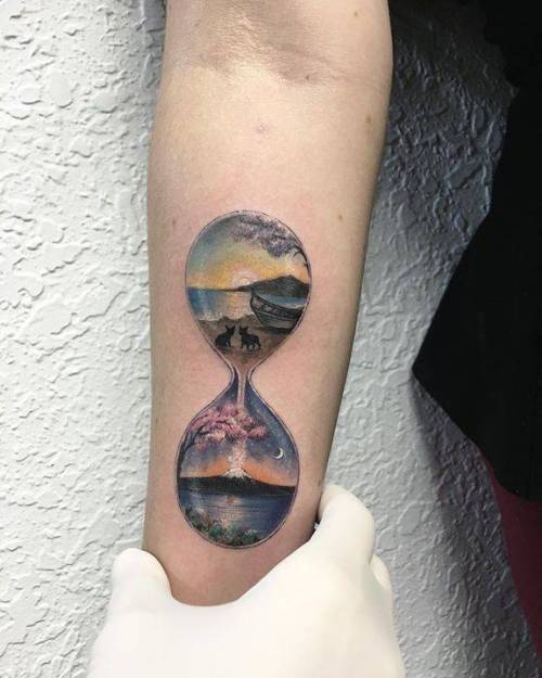 Tattoo tagged with: small, evakrbdk, hourglass, clock, tiny, landscape,  little, nature, inner forearm, medium size, other, illustrative |  