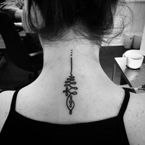 Tattoo tagged with: small, black, tiny, alex bawn, back of neck, little,  buddhist, blackwork, upper back, unalome, religious 