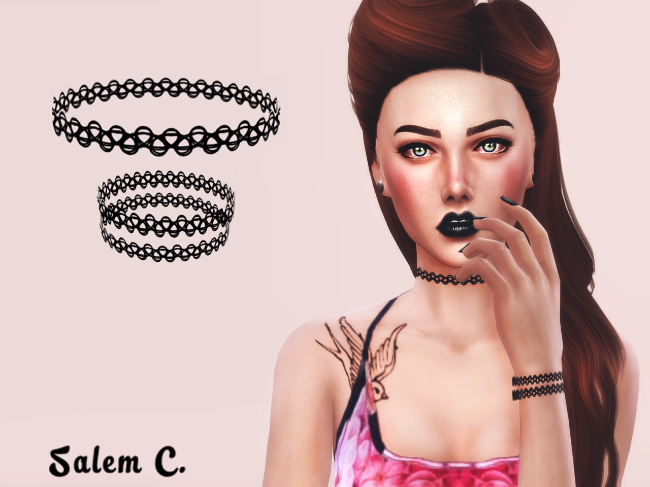 Tattoo Choker and Bracelet (TS4)• standalone• 10 colors• category: necklace• new meshDOWNLOADDOWNLOAD (SimFileShare)
