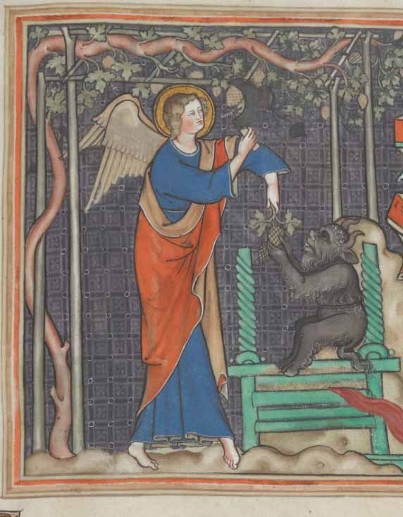 demonagerie:
“ British Library, Add 17333 detail of f28r. Apocalypse (Revelation) with commentary by Berengaudus, in parallel Latin and French. c1320-1330
”