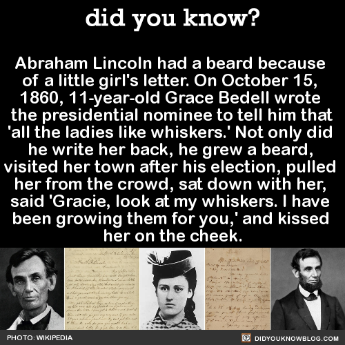 did-you-kno:
“Abraham Lincoln had a beard because of a little girl’s letter.
Grace’s letter, which reads:
Hon A B Lincoln…
Dear Sir
My father has just home from the fair and brought home your picture and Mr. Hamlin’s. I am a little girl only 11 years...