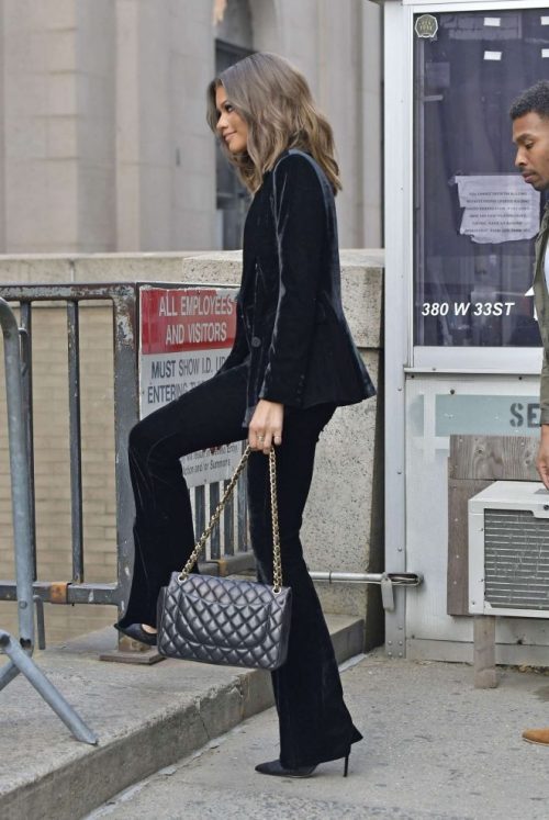Zendaya in a velvet pant suit in New York City