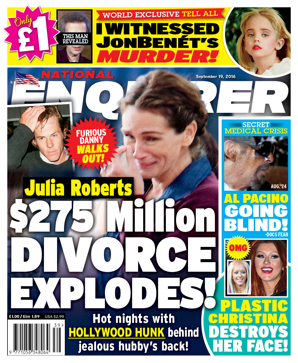 Julia Robert’s $275m divorce explodes! Read all about her hot nights with a Hollywood hunk behind jealous hubby’s back in the latest issue of the National Enquirer on sale now, go here to find your nearest stockist