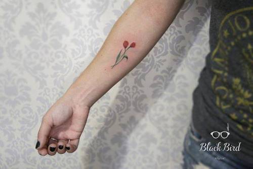 Tattoo tagged with: flower, small, tiny, red, tulip, little, nature,  forearm, luizaoliveira, green, illustrative 