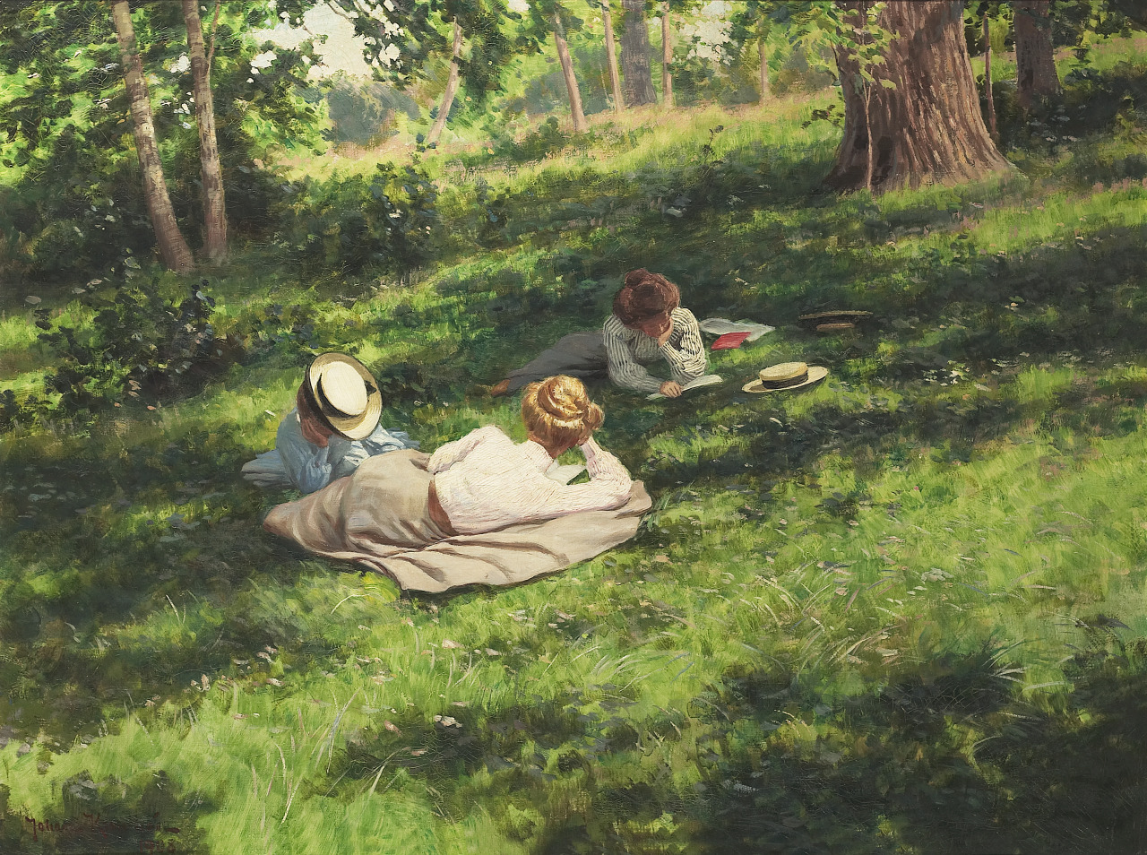 Three reading women in a summer landscape (1908). Johan Krouthén (Swedish, 1858-1932). Oil on canvas.
In 1909 Krouthén moved to Stockholm with his family, acquiring a studio at Valhallavägen. He was not particularly interested in contemporary art,...