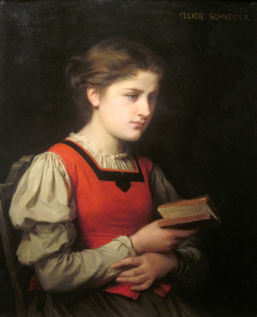 The Reader. Félicie (Fournier) Schneider (French, 1831-1888). Oil on canvas.
Schneider, an Academic painter, depicts the young woman reading in simple yet striking clothing. The woman has briefly paused in her reading and has marked her place in the...