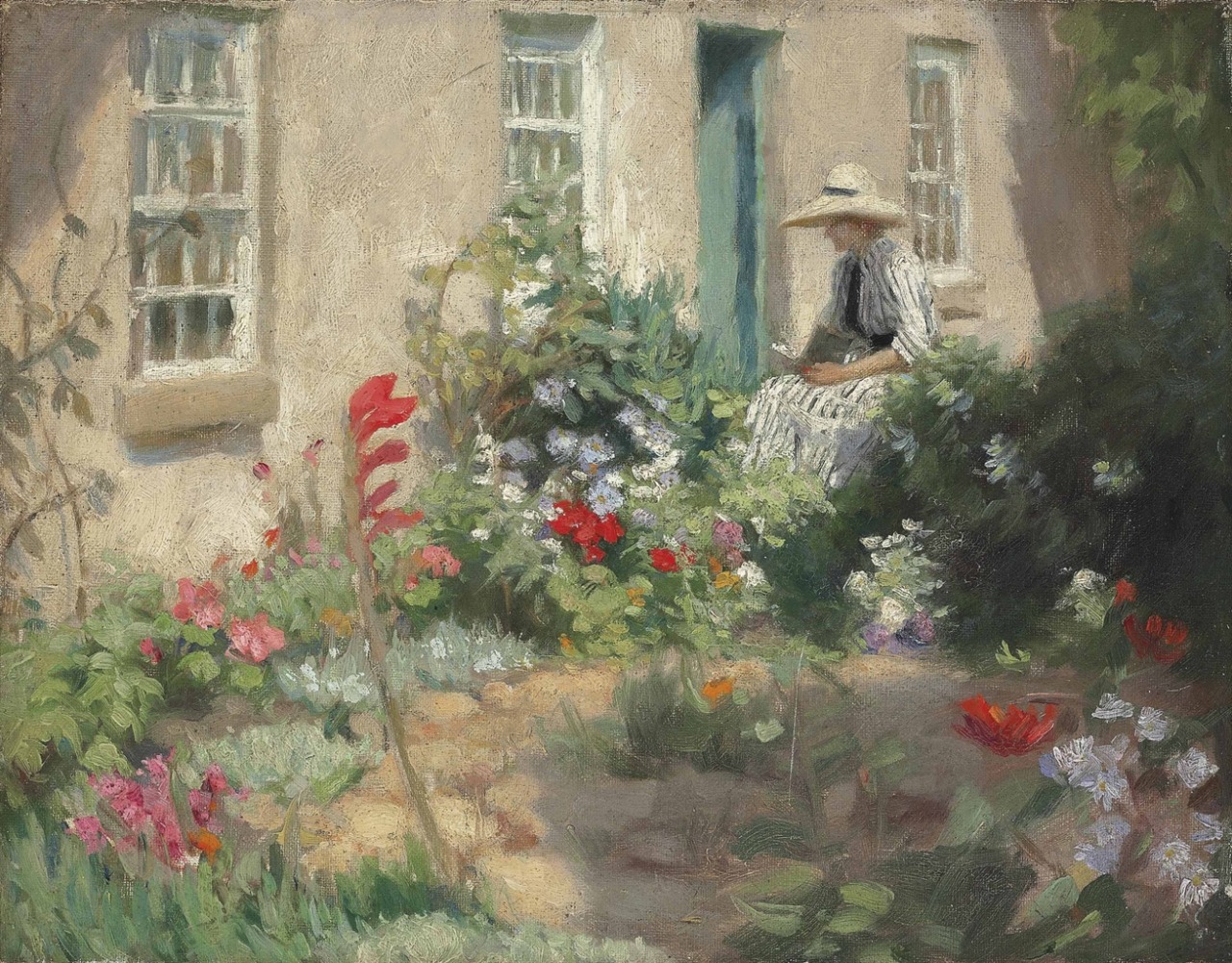 A woman reading in a garden (c.1900). Harold C. Harvey (British, 1874-1941). Oil on canvas.
The setting of this picture is Laura and Harold Knight’s cottage at Oakhill, Lamorna Gate. Harvey, along with Laura and Harold Knight, and Dod and Ernest...