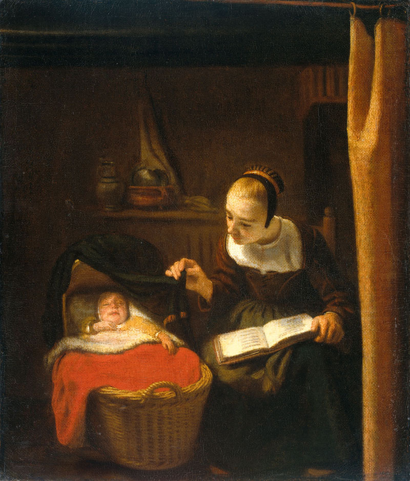 Young Woman at a Cradle (1652-1662). Nicolaes Maes (Dutch, 1634-1693). Oil on canvas. Rijksmuseum.
The young mother carefully lifts the cloth cover at the crib to check that her child is still asleep, so that she may read her book a little longer....
