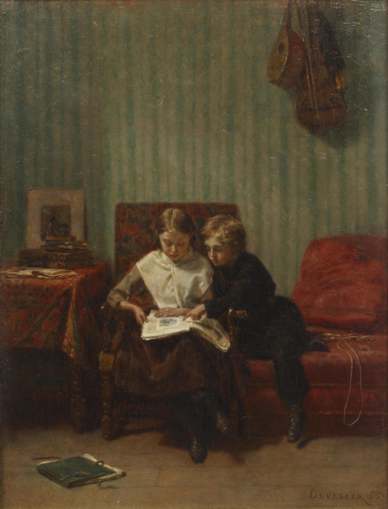 Two children reading in an interior (1855). Théophile-Emmanuel Duverger (French, 1821-c.1901). Oil on panel.
Duverger skipped the formal training taking by many of his contemporary artists who also found success at the Parisian Salon. Instead,...
