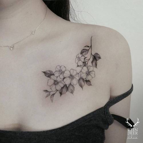 Tattoo tagged with: flower, cherry blossom, tatuaje, tatuajes, black, medium size, chest, zihwa, nature, blackwork