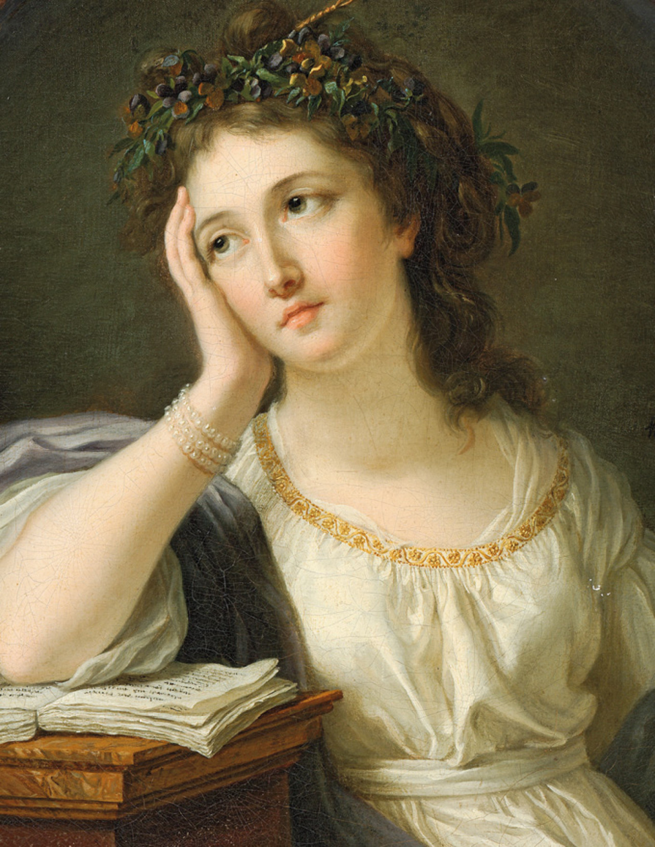 Young woman leaning on a book, detail (1784). Anne Vallayer-Coster (French, 1744-1818).
Vallayer-Coster received early recognition of her career after being elected as an associate and a full member of the Royal Académie in 1770. She was exceptional...