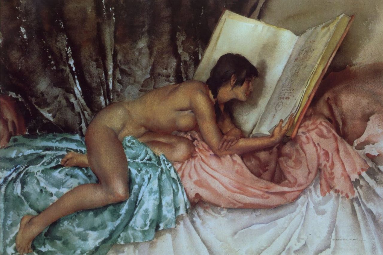 Janelle and the Volume of Treasures (1960). Sir William Russell Flint (Scottish, 1880-1969).
Work shows a graceful young woman reclining as she reads and leafs through the pages examining the illustrations of a great book against light gray and...