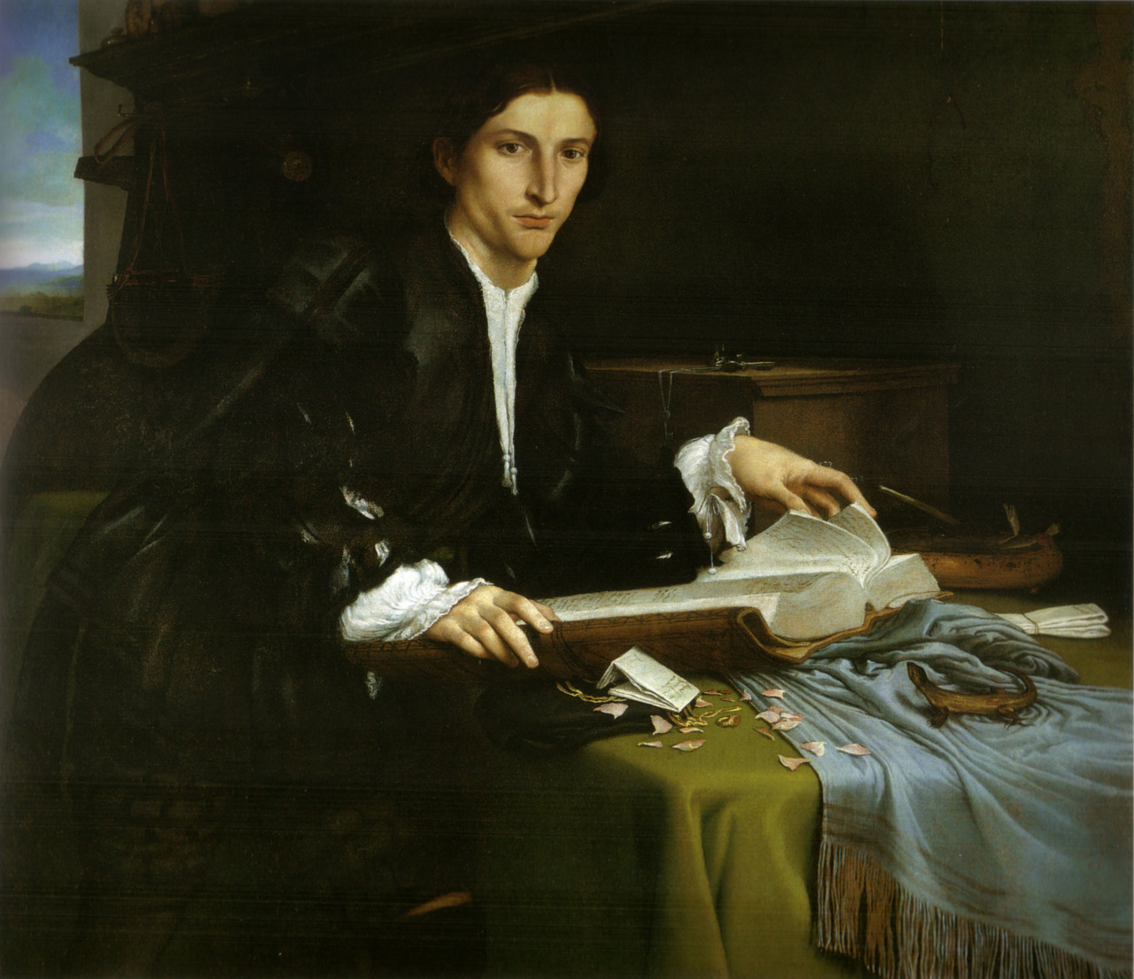 Portrait of a Gentleman in his Study (c.1530). Lorenzo Lotto (Italian, c.1480-1556). Oil on canvas. Gallerie dell'Accademia, Venice.
The pale young man with his finely tapered face is caught in a moment of yearning thoughtfulness as his fingers leaf...