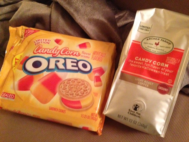 My boyfriend came home with candy corn Oreos and candy corn coffee.
I’m just glad he’s figured out the key to my happiness*. (READ: Sugar)