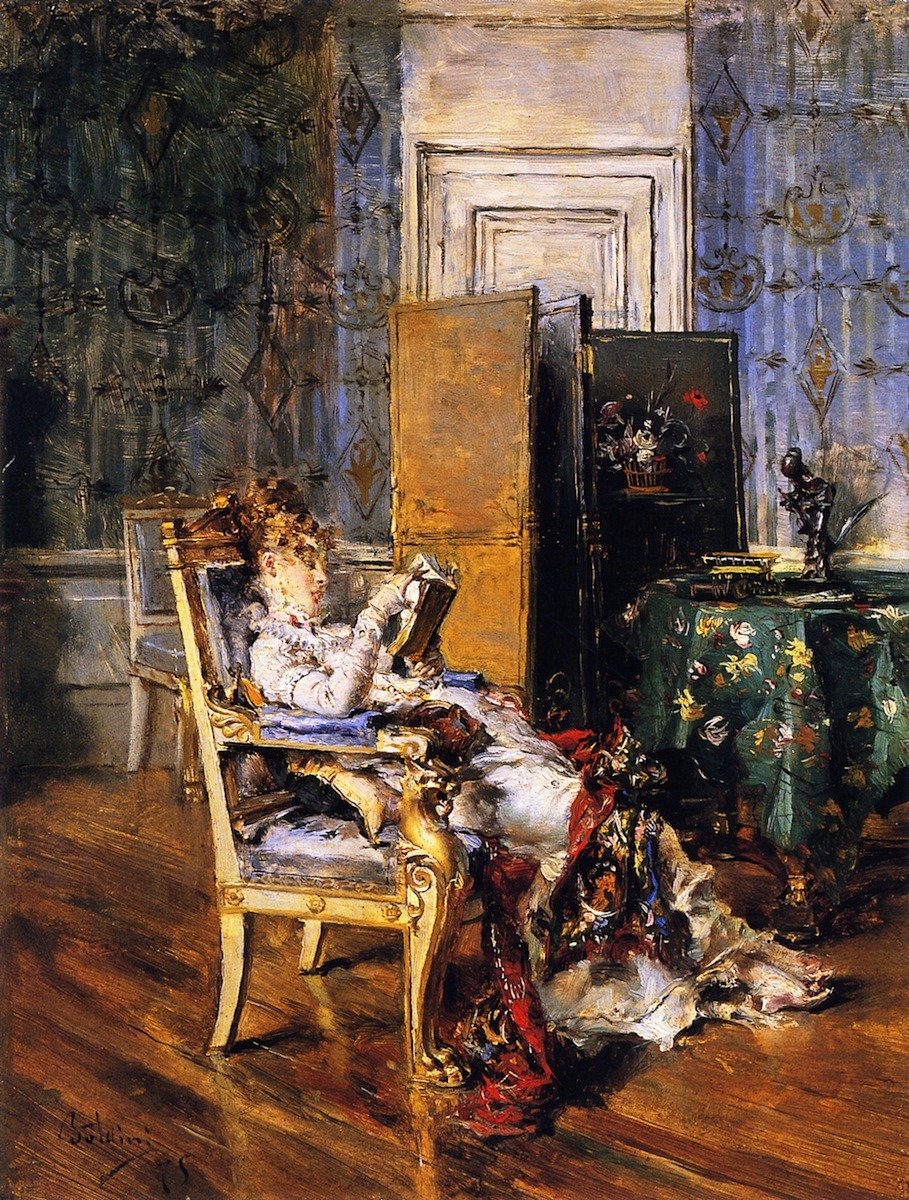 Woman Reading (1876). Giovanni Boldini (Italian, 1842-1931). Tempera on canvas.
Boldini’s paintings showed his subject in soft-focus, elongated, in movement, alive, and sophisticated. The brush work on his paintings was swift and bold. It is the...