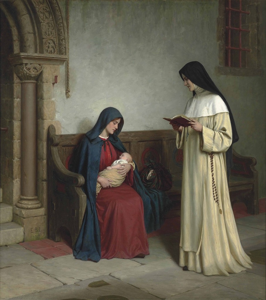 Maternity (1917). Edmund Blair Leighton (English, 1852-1922). Oil on canvas.
The beautiful mother sits with her infant on a bench in the stone room which may be in a church or convent. The second woman, perhaps a novice in a religious order, reads...