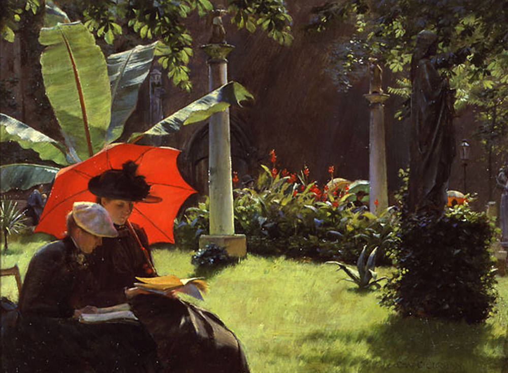 Afternoon in the Cluny Garden, Paris (1889). Charles Courtney Curran (American, 1861-1942). Oil on wood panel. De Young.
The painting beautifully captures the intense light of a summer afternoon. The rich greens are complexly rendered in sun and...