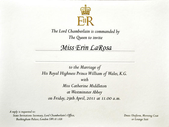 My friend is throwing a Will and Kate Royal Wedding party on April 29th…!
What does this mean? Well, obviously officially invites (pictured), then we are going to her house the night before, to wake up at 4 a.m. (why!!!!) to eat scones and drink...
