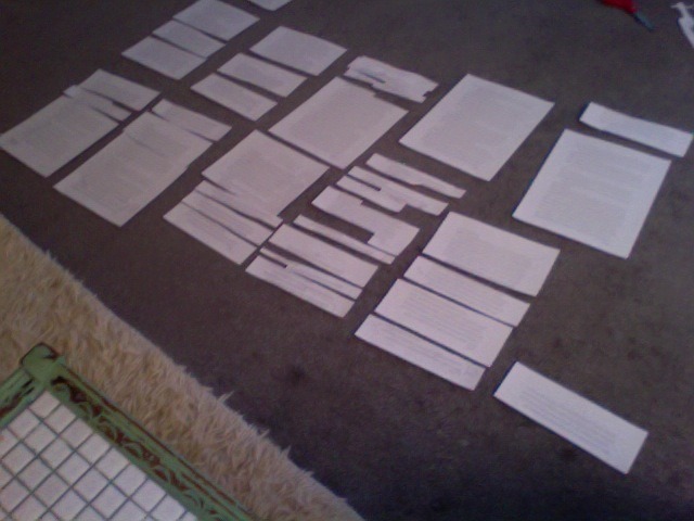 This is how I edit my short stories: print them out, cut them up, rearrange the paragraphs, scribble notes on them, VOILA!