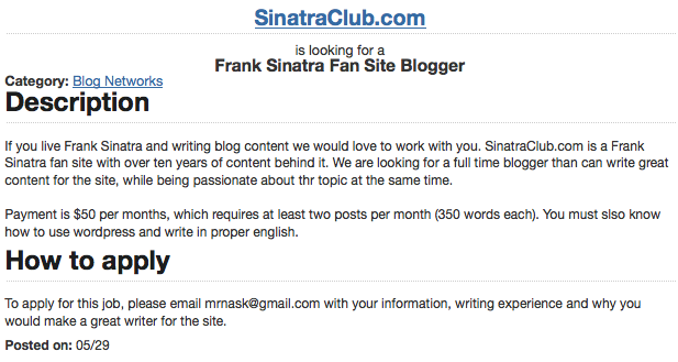 This is a real job posting.
Frank Sinatra enthusiasts only.